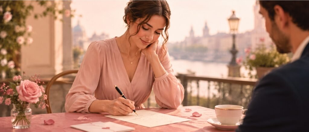 Woman writing a personal dating letter for LoveAmur