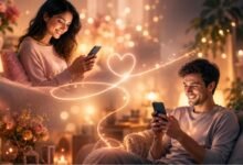 Жінка і чоловік спілкуються онлайн зі смартфонів під час романтичного знайомства