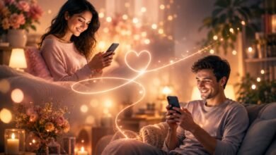 Жінка і чоловік спілкуються онлайн зі смартфонів під час романтичного знайомства