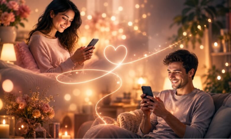 Жінка і чоловік спілкуються онлайн зі смартфонів під час романтичного знайомства